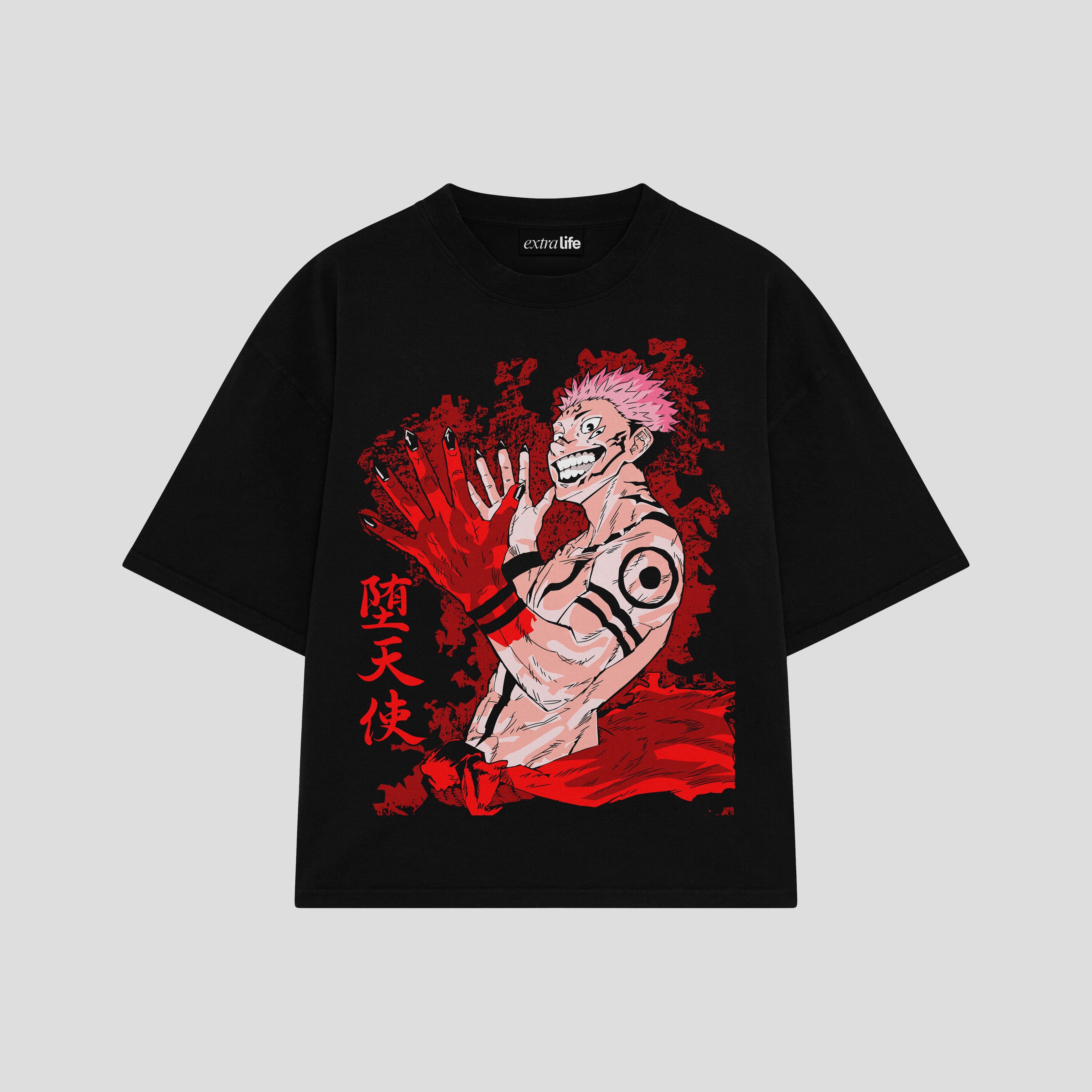 Playera streetwear premium de anime y gaming ExtraLife MX, corte boxy oversized drop shoulder heavyweight en color Deep Black y Off-White, moda urbana mexicana de culto.