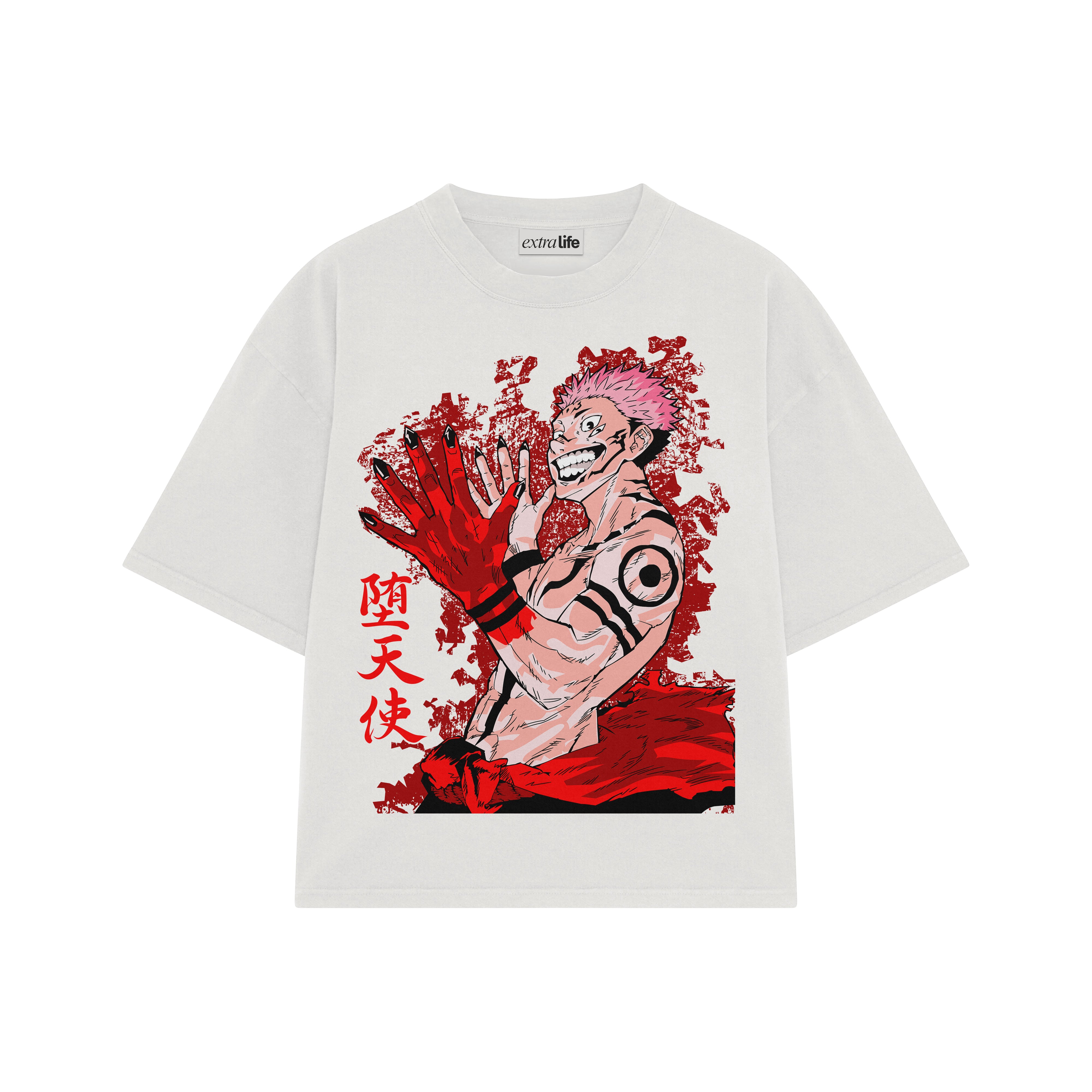 Playera streetwear premium de anime y gaming ExtraLife MX, corte boxy oversized drop shoulder heavyweight en color Deep Black y Off-White, moda urbana mexicana de culto.