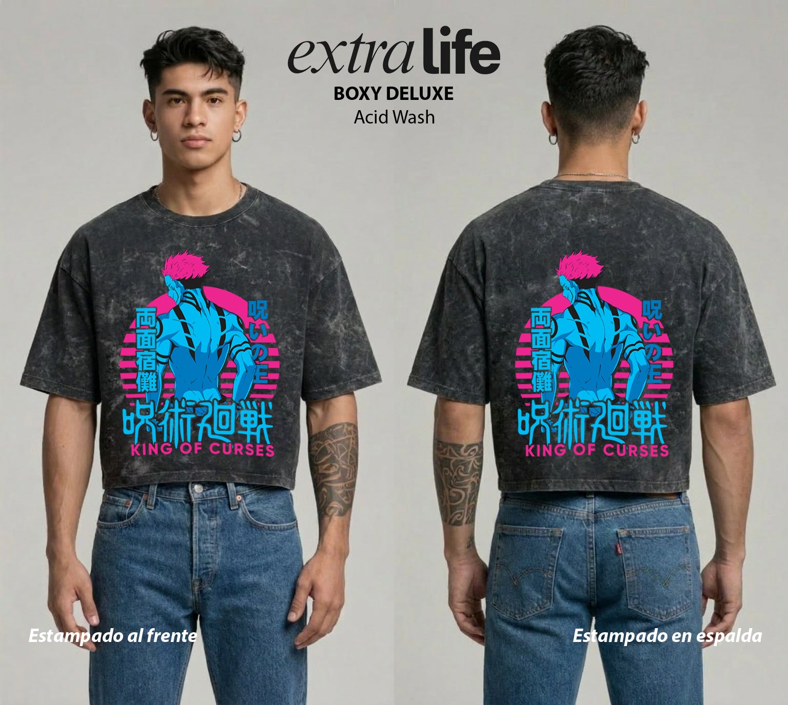 Playera streetwear premium de anime y gaming ExtraLife MX, corte boxy deluxe mineral wash heavyweight en color Acid Wash, moda urbana mexicana de culto.