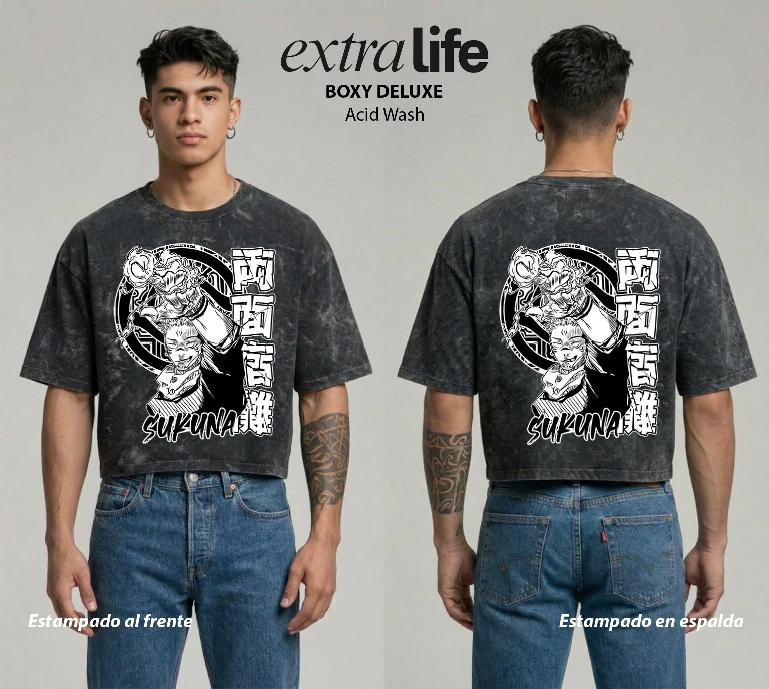 Playera streetwear premium de anime y gaming ExtraLife MX, corte boxy deluxe mineral wash heavyweight en color Acid Wash, moda urbana mexicana de culto.
