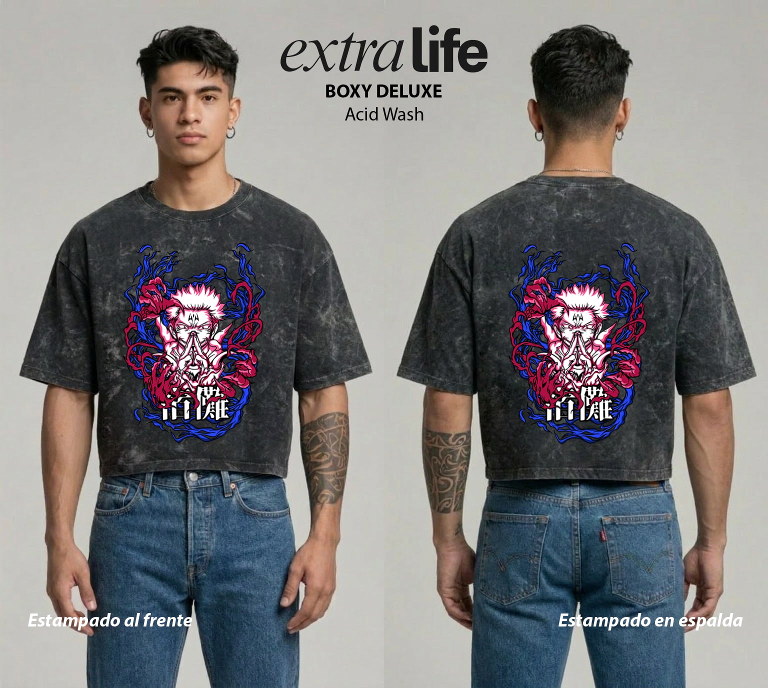 Playera streetwear premium de anime y gaming ExtraLife MX, corte boxy deluxe mineral wash heavyweight en color Acid Wash, moda urbana mexicana de culto.