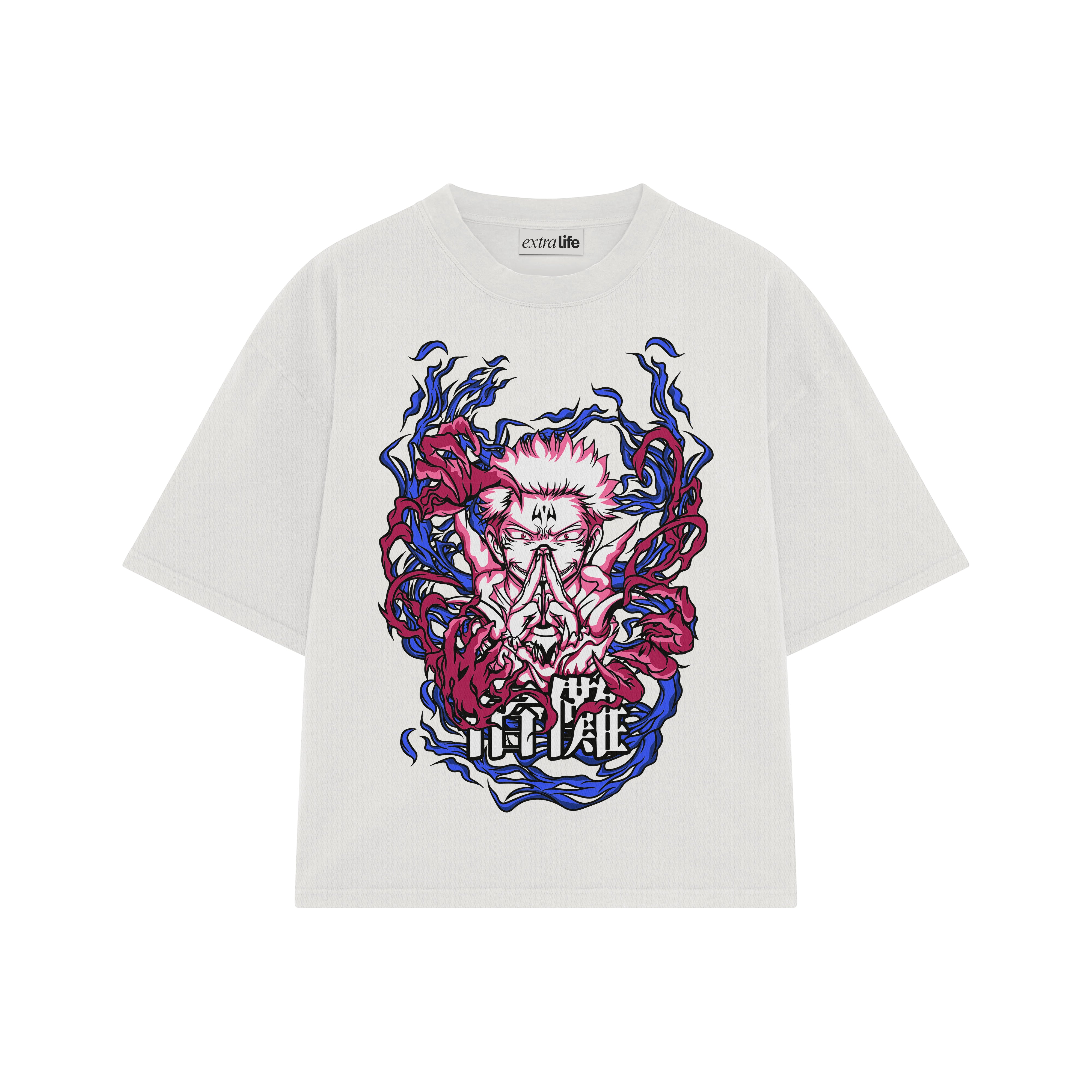 Playera streetwear premium de anime y gaming ExtraLife MX, corte boxy oversized drop shoulder heavyweight en color Deep Black y Off-White, moda urbana mexicana de culto.