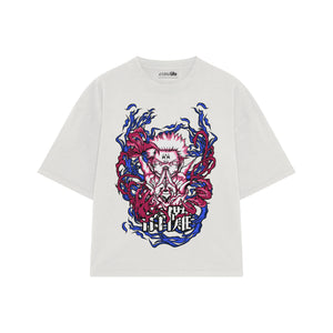 Playera streetwear premium de anime y gaming ExtraLife MX, corte boxy oversized drop shoulder heavyweight en color Deep Black y Off-White, moda urbana mexicana de culto.