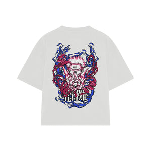 Playera streetwear premium de anime y gaming ExtraLife MX, corte boxy oversized drop shoulder heavyweight en color Deep Black y Off-White, moda urbana mexicana de culto.