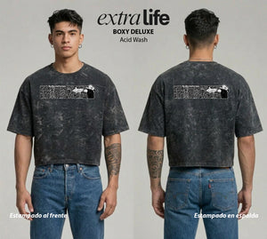 Playera streetwear premium de anime y gaming ExtraLife MX, corte boxy deluxe mineral wash heavyweight en color Acid Wash, moda urbana mexicana de culto.