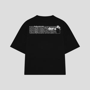 Playera streetwear premium de anime y gaming ExtraLife MX, corte boxy oversized drop shoulder heavyweight en color Deep Black y Off-White, moda urbana mexicana de culto.
