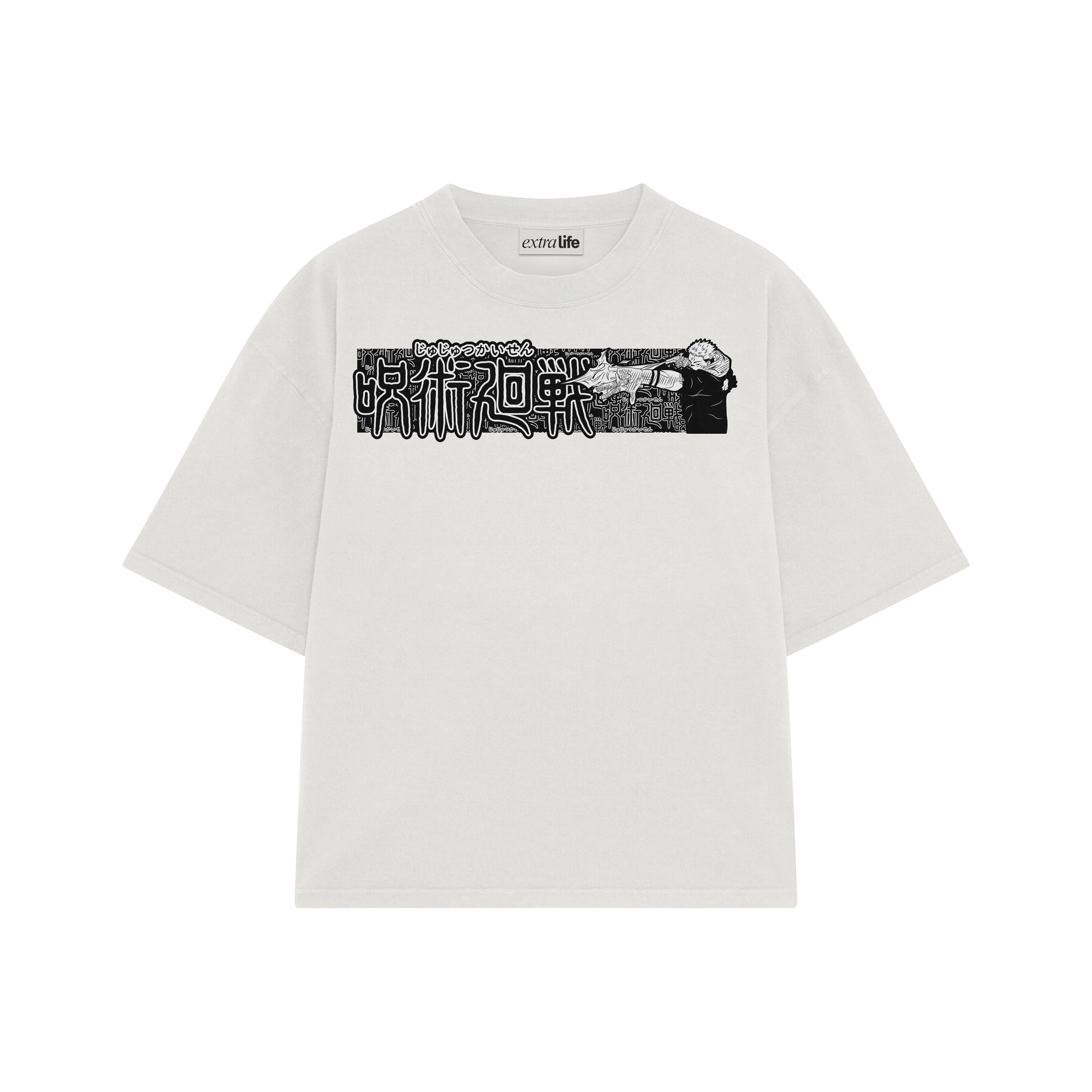 Playera streetwear premium de anime y gaming ExtraLife MX, corte boxy oversized drop shoulder heavyweight en color Deep Black y Off-White, moda urbana mexicana de culto.