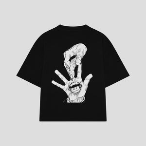 Playera streetwear premium de anime y gaming ExtraLife MX, corte boxy oversized drop shoulder heavyweight en color Deep Black y Off-White, moda urbana mexicana de culto.