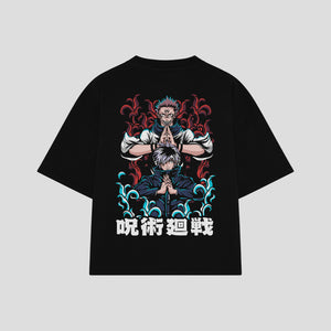 Playera streetwear premium de anime y gaming ExtraLife MX, corte boxy oversized drop shoulder heavyweight en color Deep Black y Off-White, moda urbana mexicana de culto.