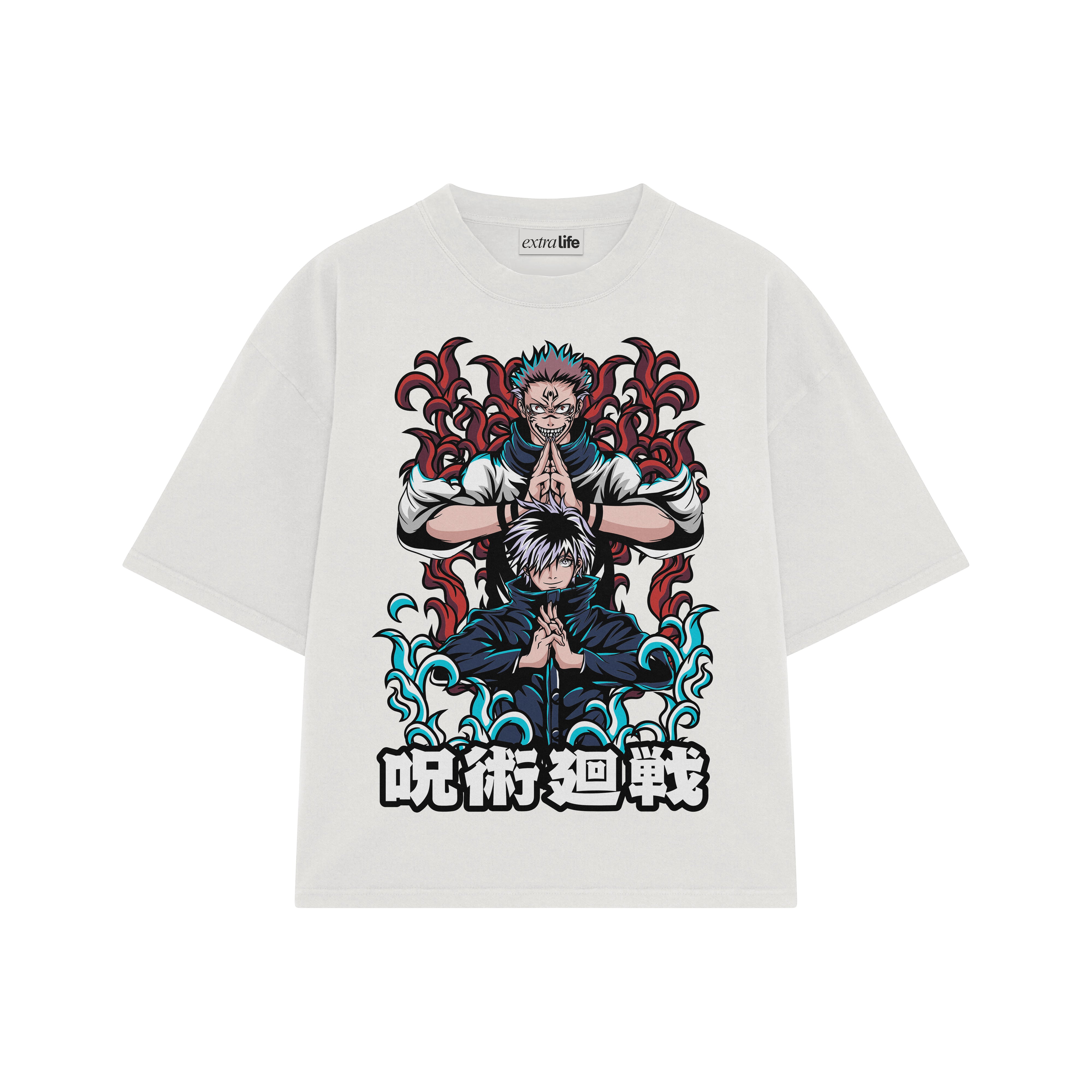 Playera streetwear premium de anime y gaming ExtraLife MX, corte boxy oversized drop shoulder heavyweight en color Deep Black y Off-White, moda urbana mexicana de culto.