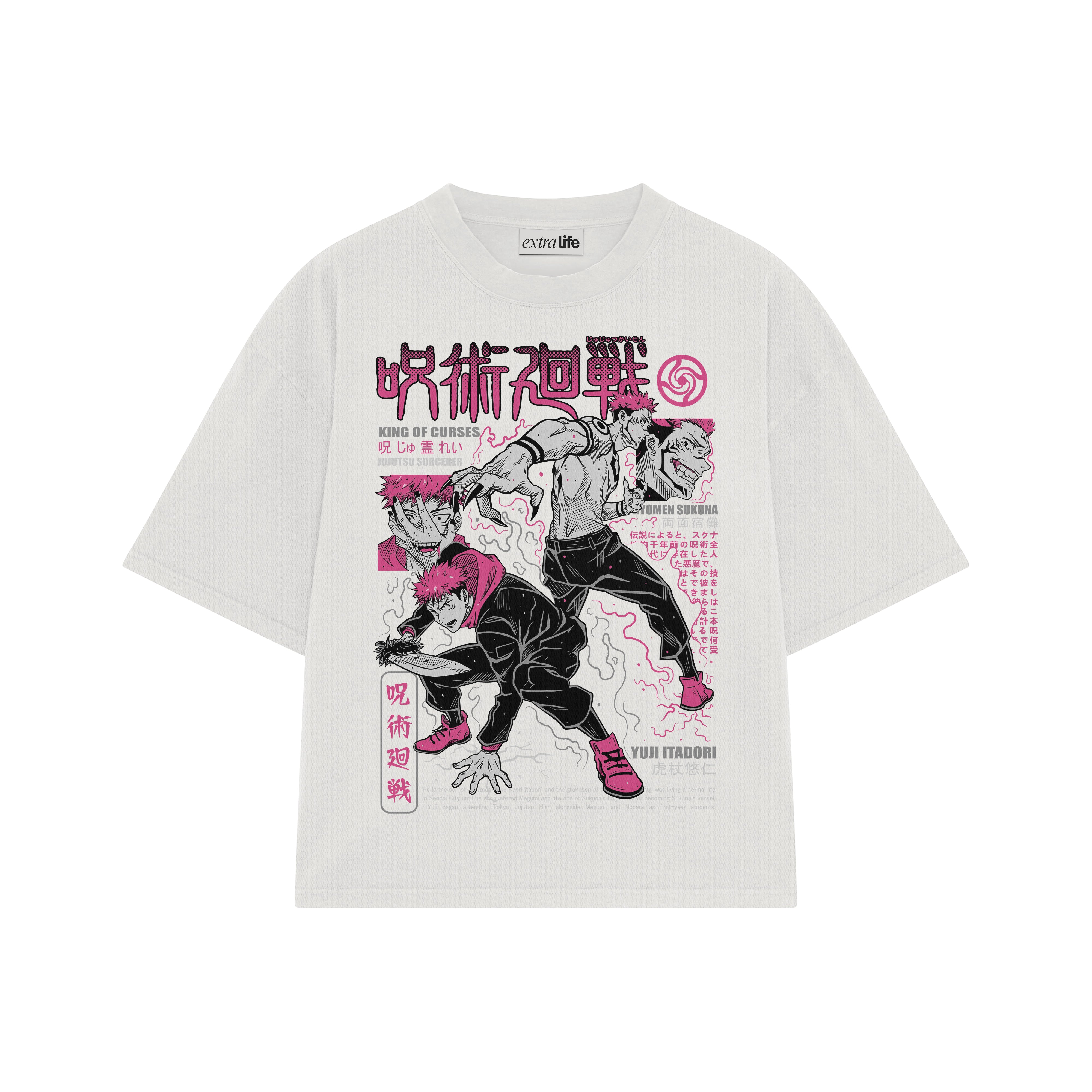 Playera streetwear premium de anime y gaming ExtraLife MX, corte boxy oversized drop shoulder heavyweight en color Deep Black y Off-White, moda urbana mexicana de culto.
