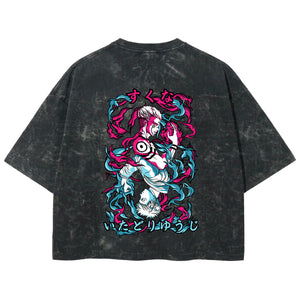 Playera streetwear premium de anime y gaming ExtraLife MX, corte boxy deluxe mineral wash heavyweight en color Acid Wash, moda urbana mexicana de culto.