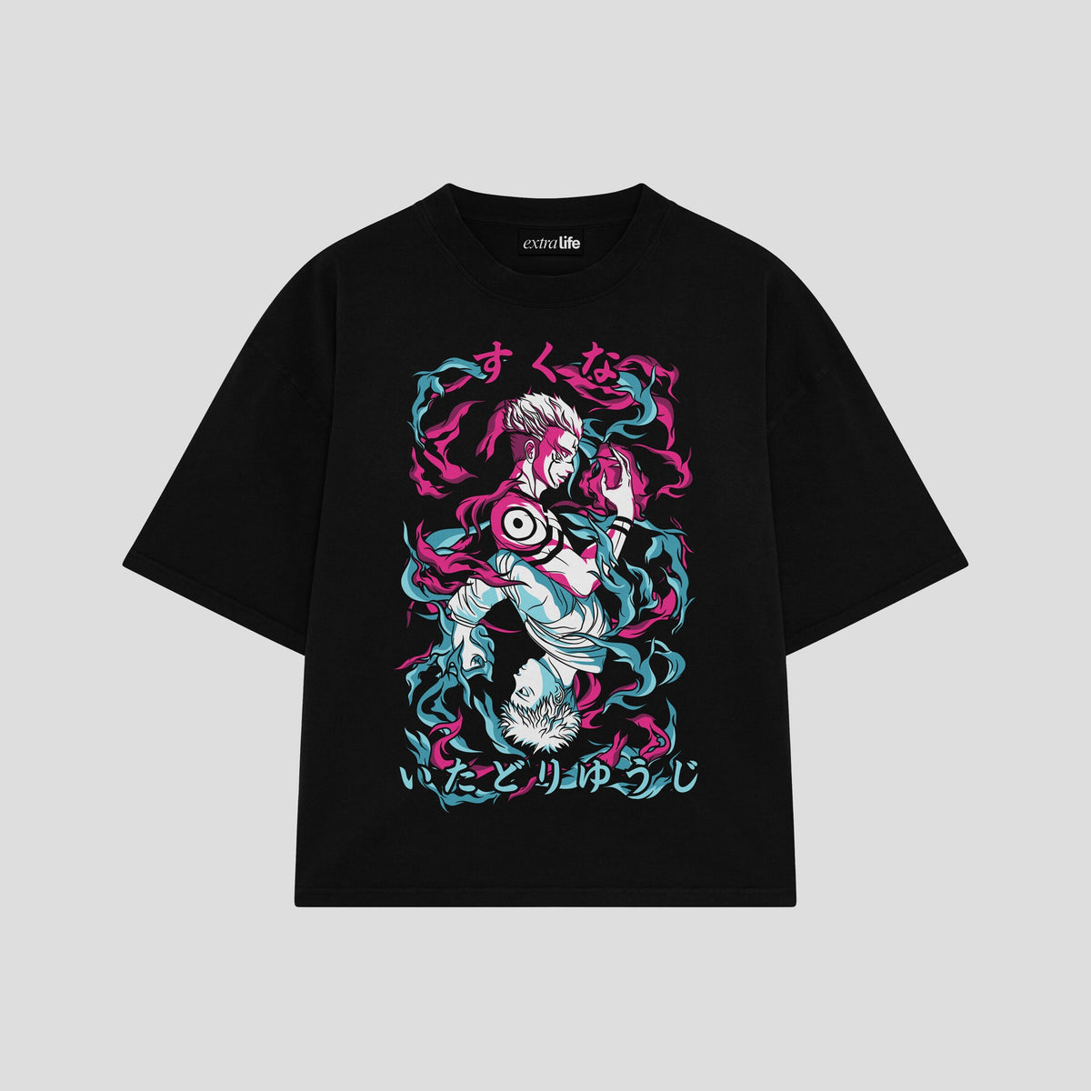 Playera streetwear premium de anime y gaming ExtraLife MX, corte oversized drop shoulder ligero y fresco en color Deep Black y Off-White, moda urbana mexicana de culto.