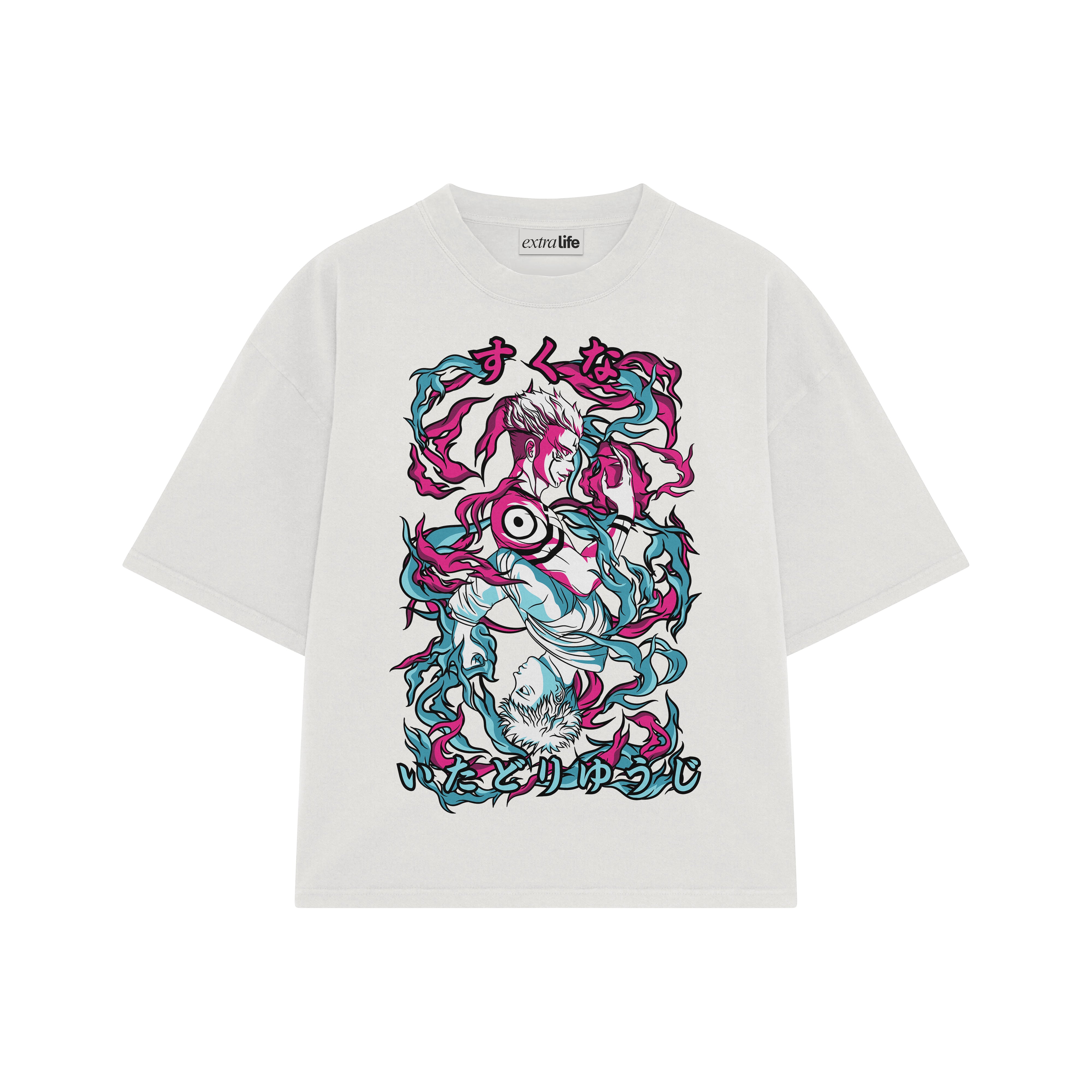 Playera streetwear premium de anime y gaming ExtraLife MX, corte boxy oversized drop shoulder heavyweight en color Deep Black y Off-White, moda urbana mexicana de culto.