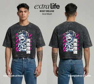 Playera streetwear premium de anime y gaming ExtraLife MX, corte boxy deluxe mineral wash heavyweight en color Acid Wash, moda urbana mexicana de culto.