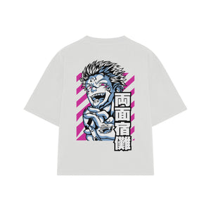 Playera streetwear premium de anime y gaming ExtraLife MX, corte boxy oversized drop shoulder heavyweight en color Deep Black y Off-White, moda urbana mexicana de culto.