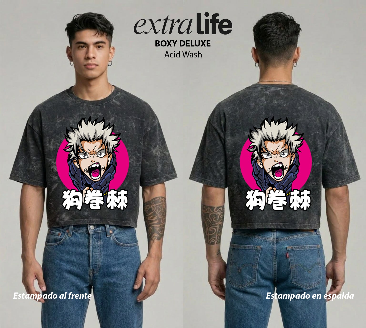 Playera streetwear premium de anime y gaming ExtraLife MX, corte boxy deluxe mineral wash heavyweight en color Acid Wash, moda urbana mexicana de culto.