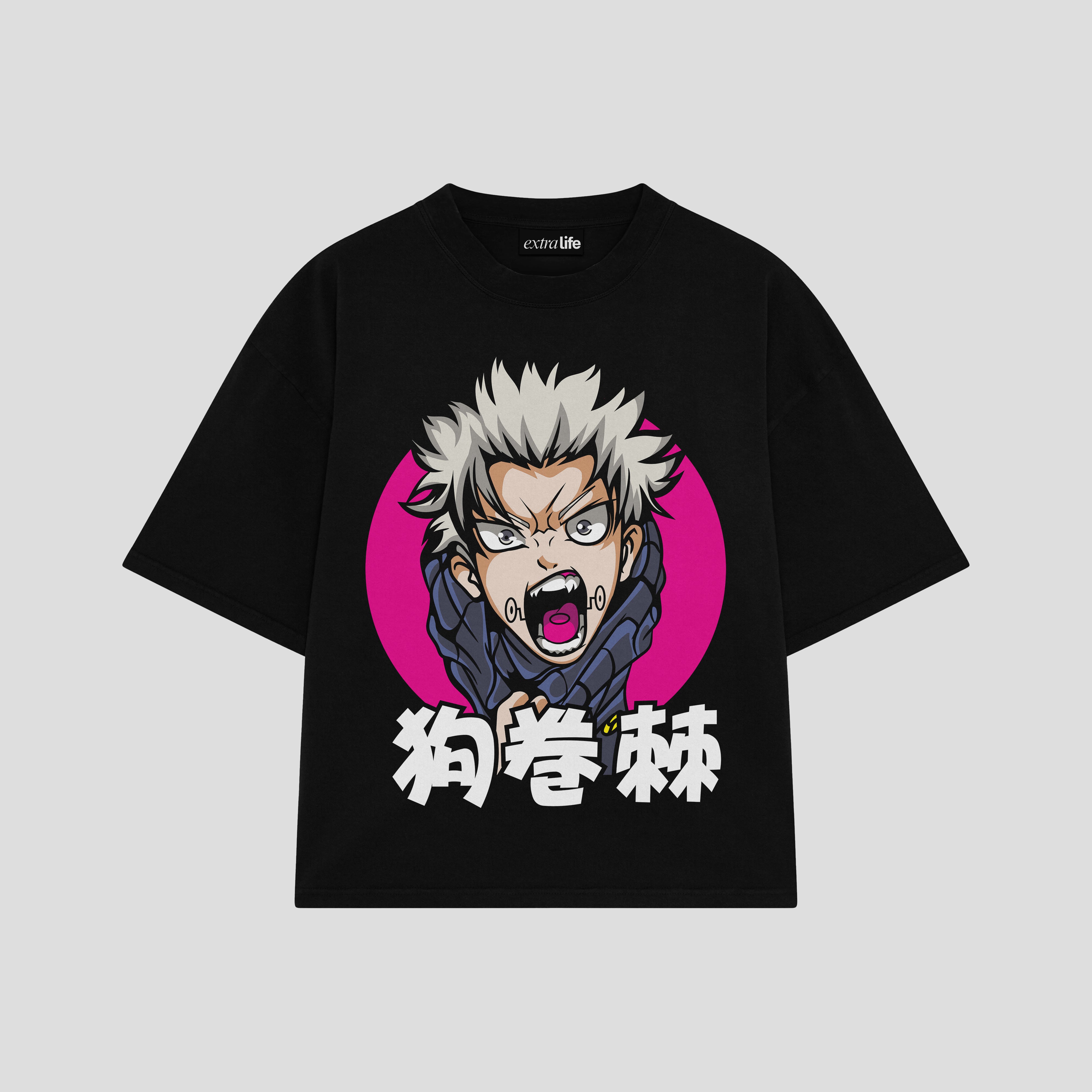 Playera streetwear premium de anime y gaming ExtraLife MX, corte boxy oversized drop shoulder heavyweight en color Deep Black y Off-White, moda urbana mexicana de culto.
