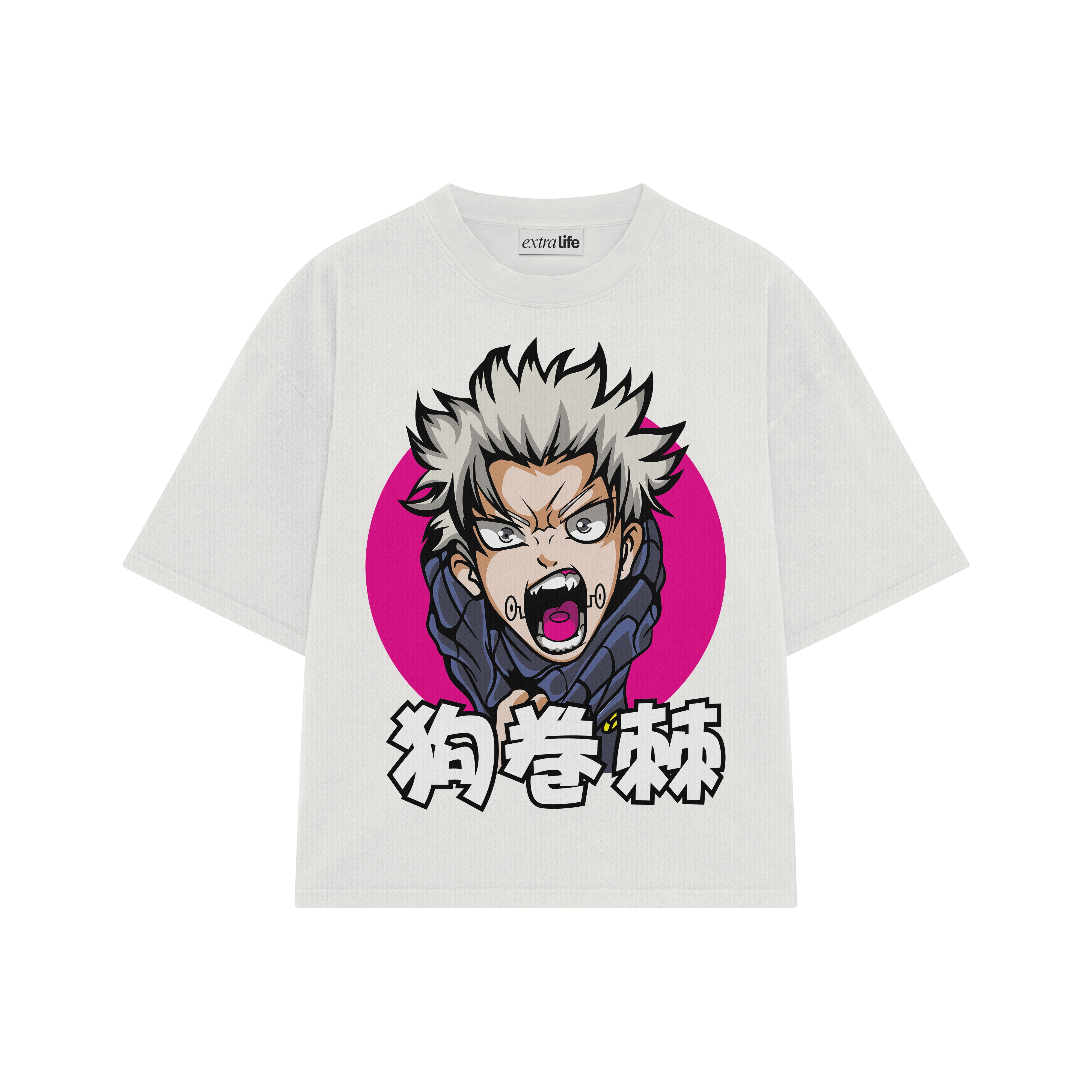 Playera streetwear premium de anime y gaming ExtraLife MX, corte boxy oversized drop shoulder heavyweight en color Deep Black y Off-White, moda urbana mexicana de culto.