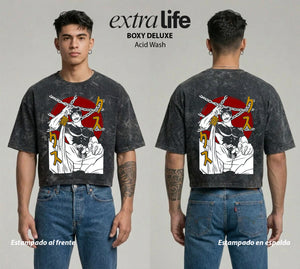 Playera streetwear premium de anime y gaming ExtraLife MX, corte boxy deluxe mineral wash heavyweight en color Acid Wash, moda urbana mexicana de culto.