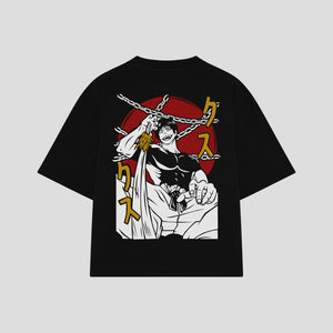 Playera streetwear premium de anime y gaming ExtraLife MX, corte boxy oversized drop shoulder heavyweight en color Deep Black y Off-White, moda urbana mexicana de culto.