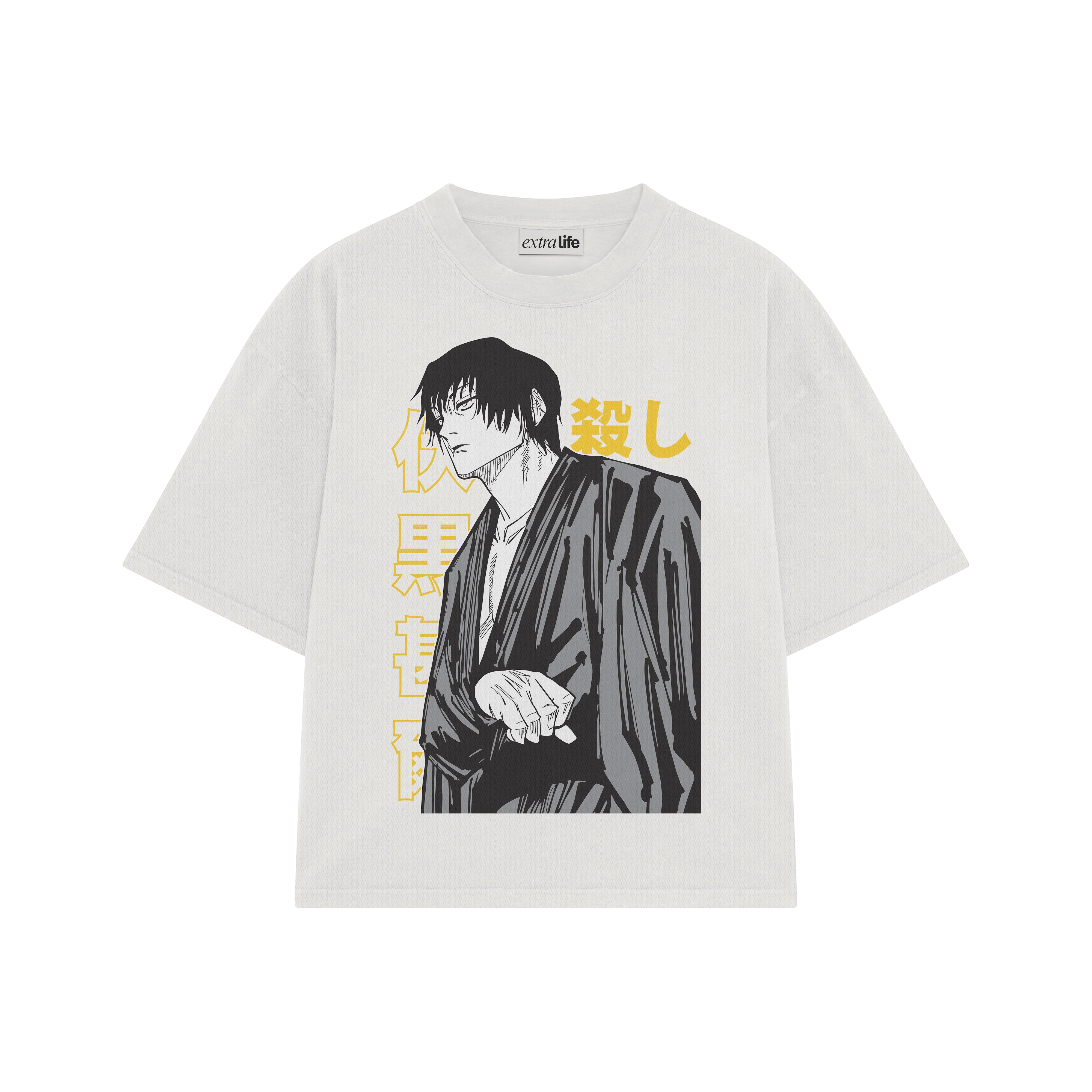 Playera streetwear premium de anime y gaming ExtraLife MX, corte boxy oversized drop shoulder heavyweight en color Deep Black y Off-White, moda urbana mexicana de culto.