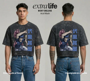 Playera streetwear premium de anime y gaming ExtraLife MX, corte boxy deluxe mineral wash heavyweight en color Acid Wash, moda urbana mexicana de culto.