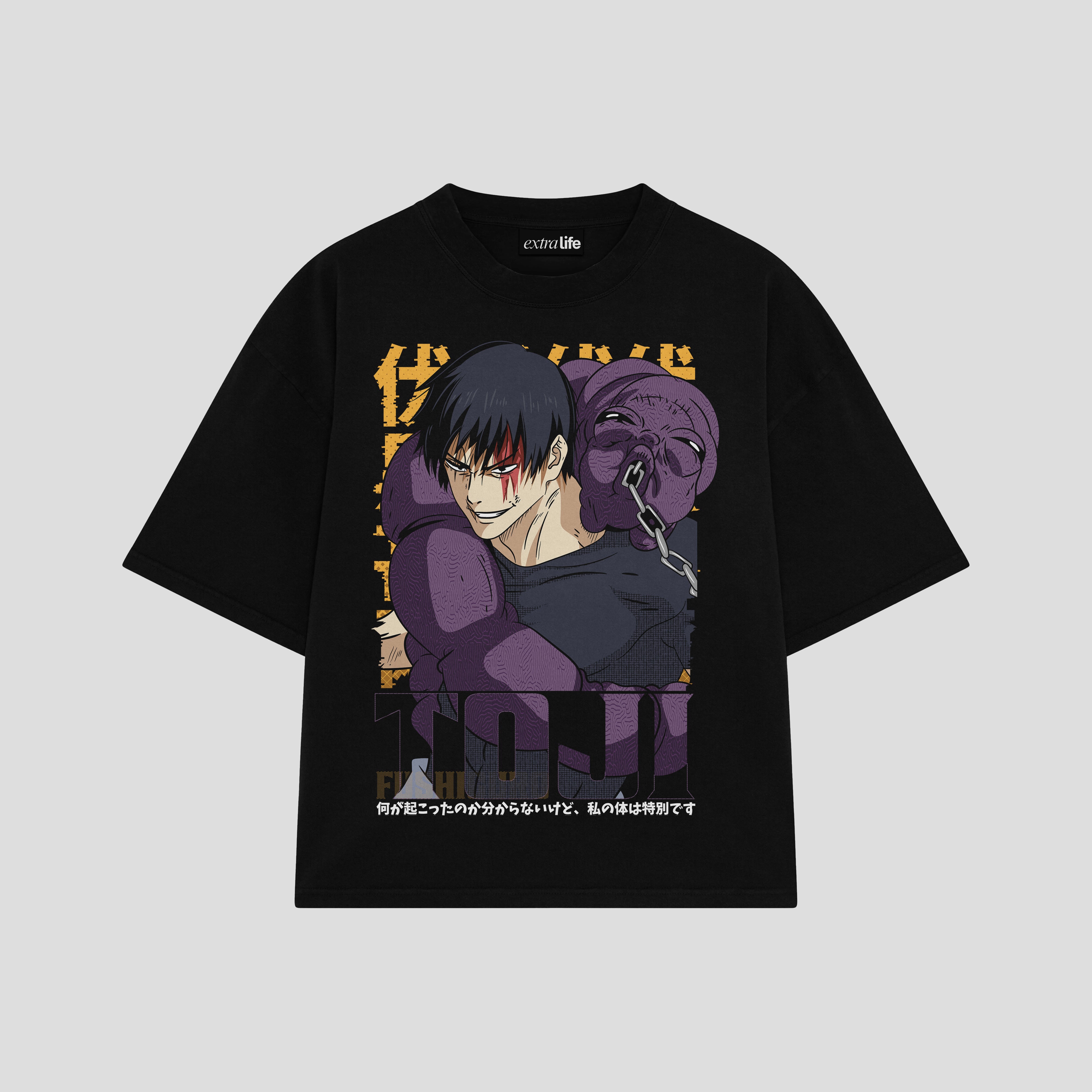 Playera streetwear premium de anime y gaming ExtraLife MX, corte boxy oversized drop shoulder heavyweight en color Deep Black y Off-White, moda urbana mexicana de culto.