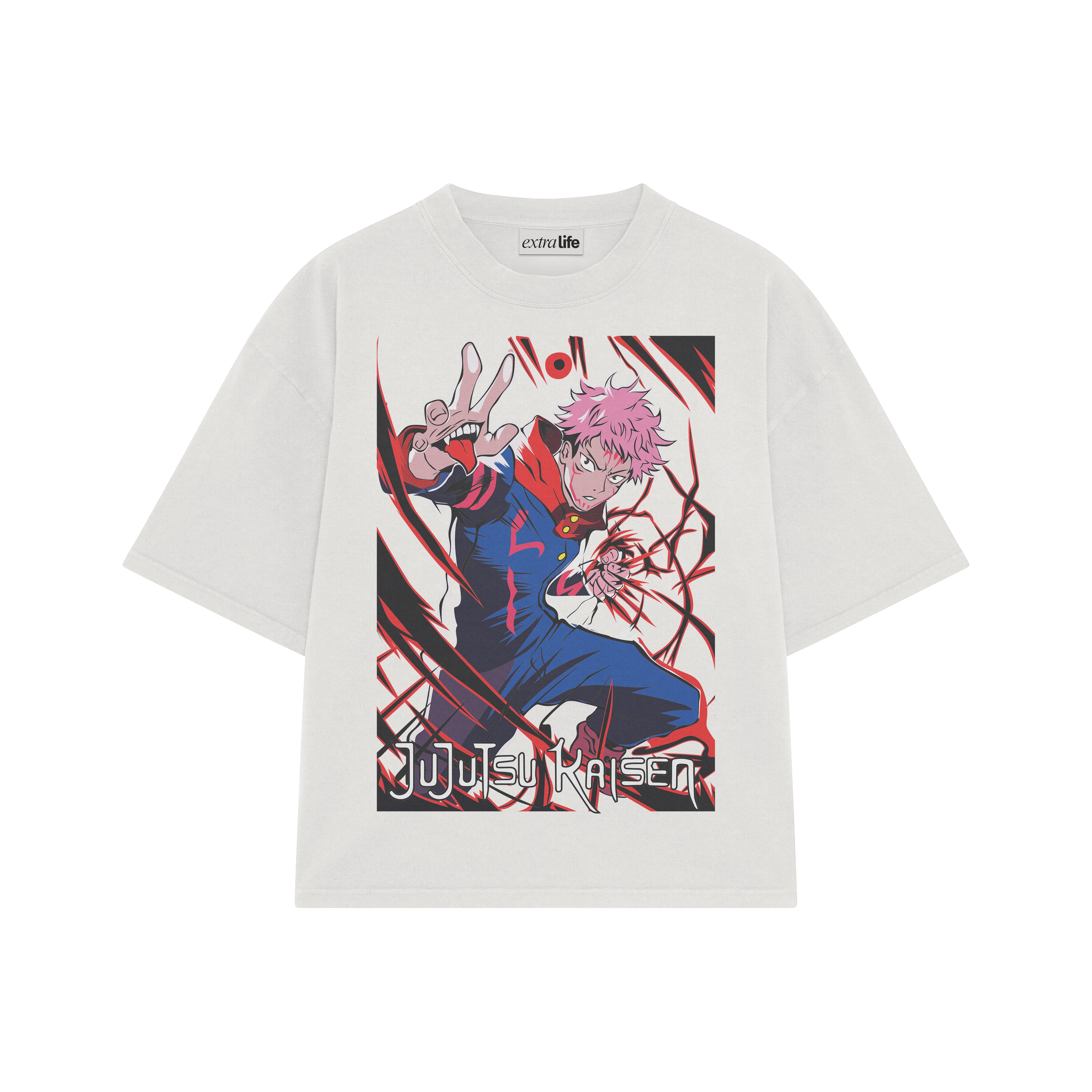 Playera streetwear premium de anime y gaming ExtraLife MX, corte boxy oversized drop shoulder heavyweight en color Deep Black y Off-White, moda urbana mexicana de culto.