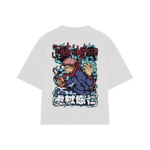 Playera streetwear premium de anime y gaming ExtraLife MX, corte boxy oversized drop shoulder heavyweight en color Deep Black y Off-White, moda urbana mexicana de culto.