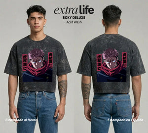 Playera streetwear premium de anime y gaming ExtraLife MX, corte boxy deluxe mineral wash heavyweight en color Acid Wash, moda urbana mexicana de culto.
