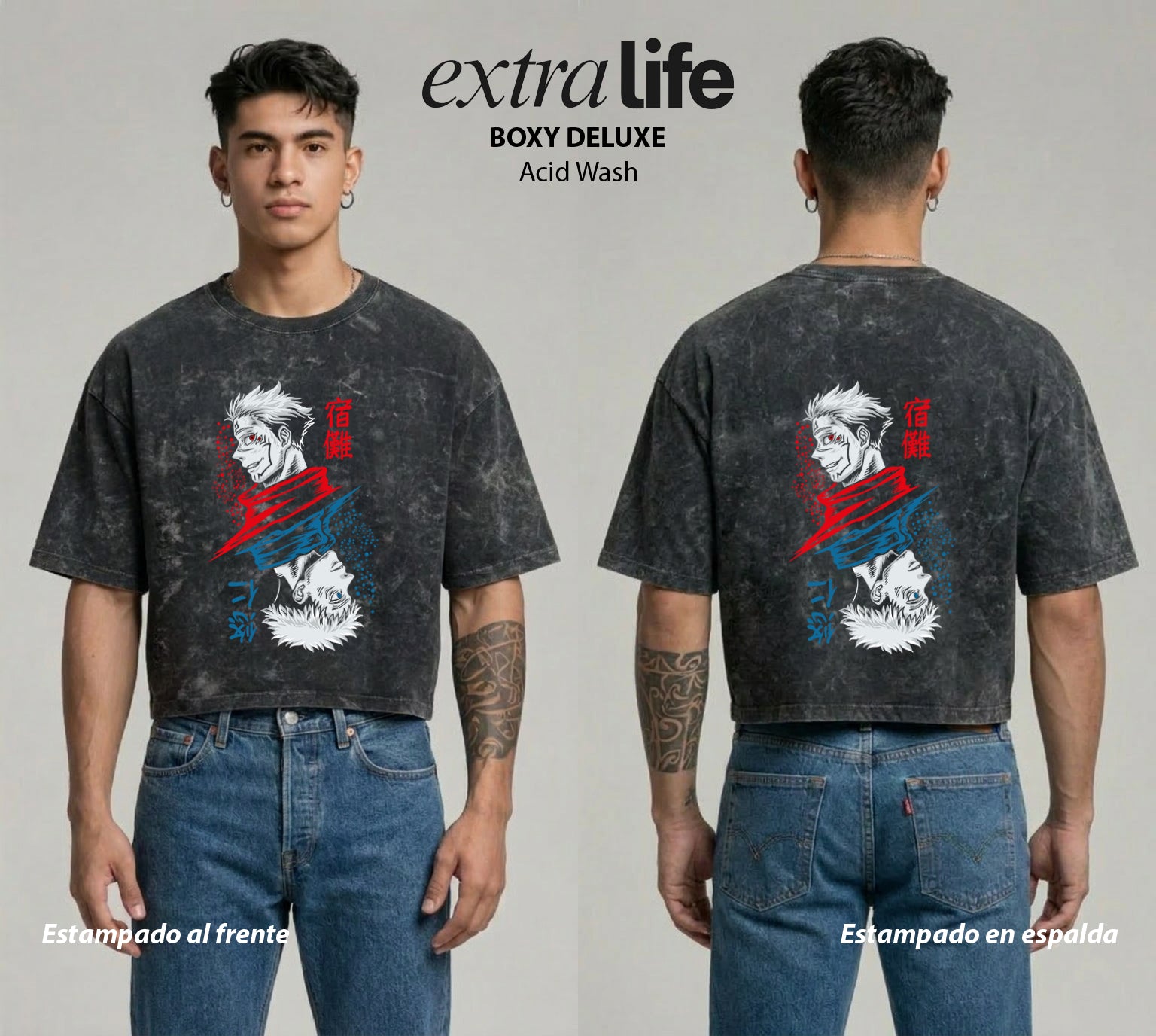 Playera streetwear premium de anime y gaming ExtraLife MX, corte boxy deluxe mineral wash heavyweight en color Acid Wash, moda urbana mexicana de culto.
