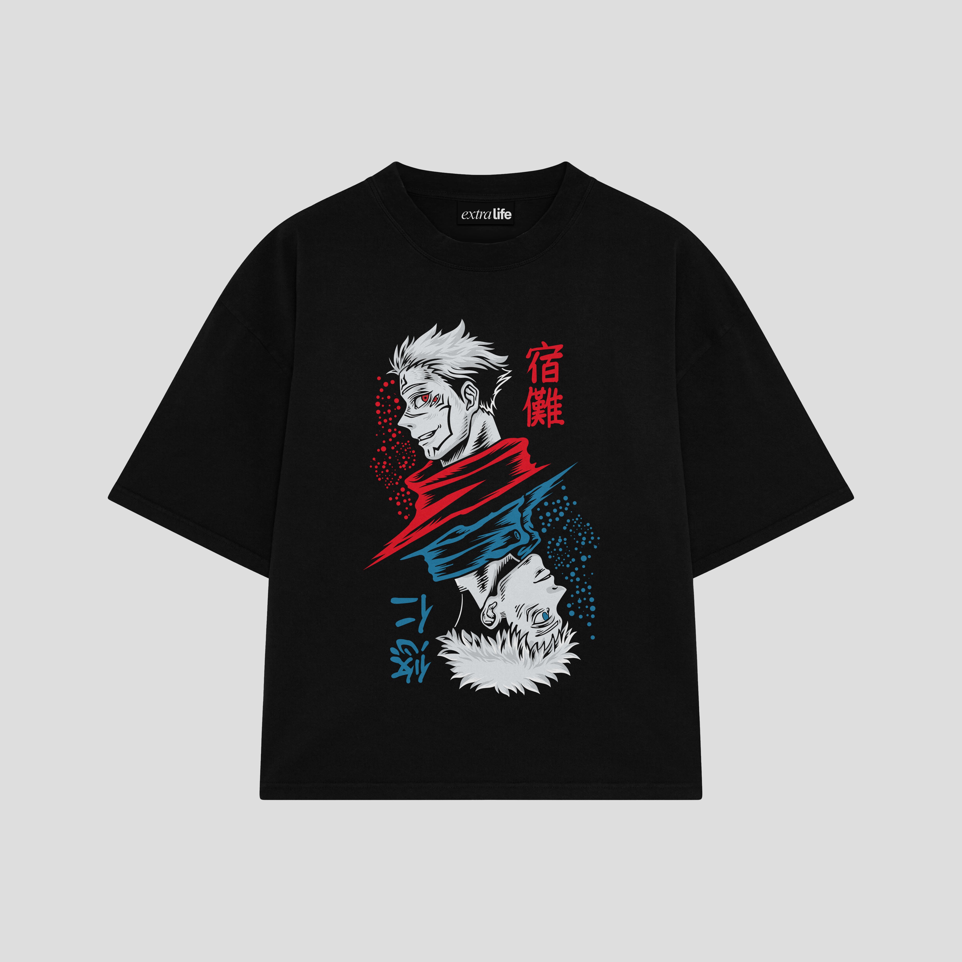 Playera streetwear premium de anime y gaming ExtraLife MX, corte boxy oversized drop shoulder heavyweight en color Deep Black y Off-White, moda urbana mexicana de culto.