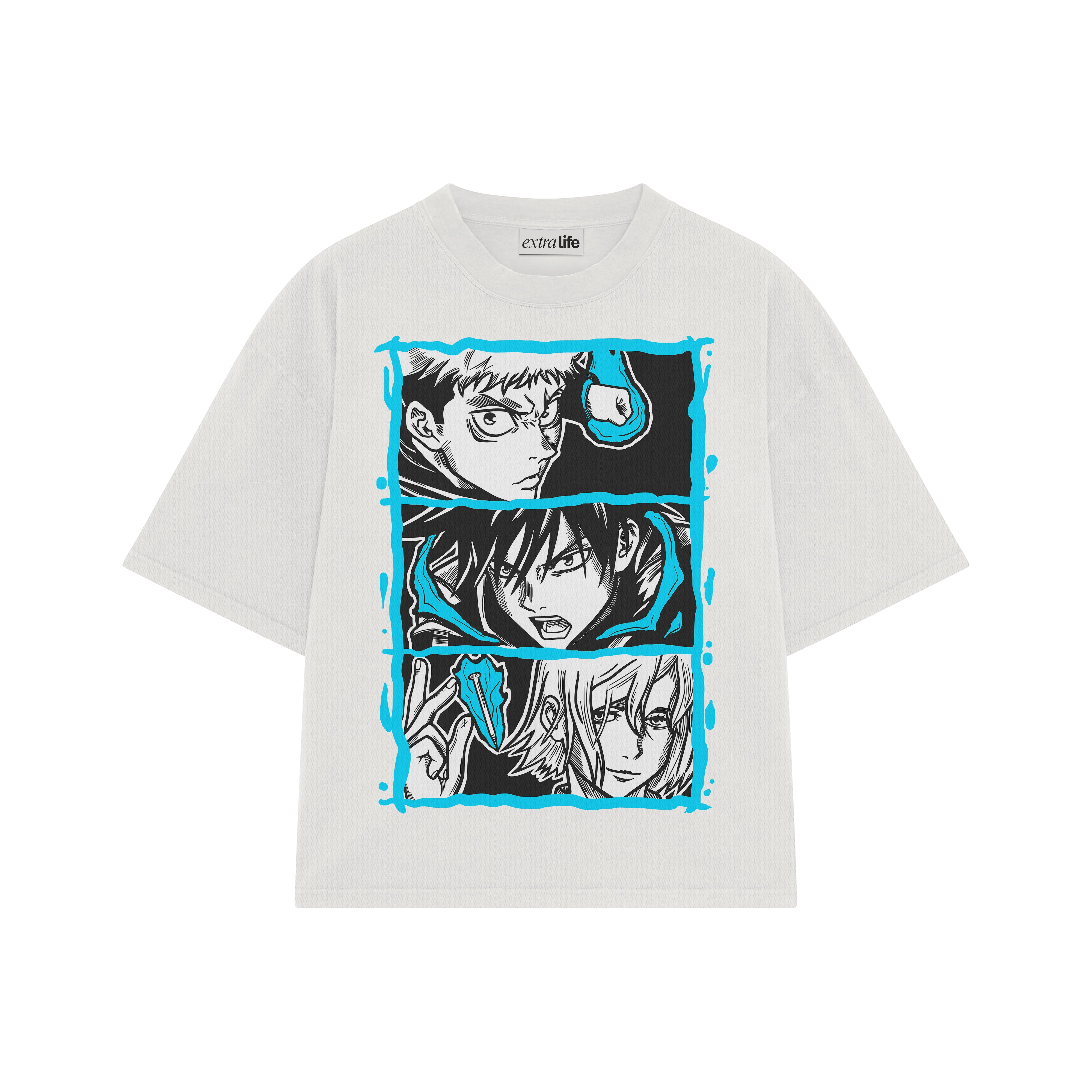Playera streetwear premium de anime y gaming ExtraLife MX, corte boxy oversized drop shoulder heavyweight en color Deep Black y Off-White, moda urbana mexicana de culto.