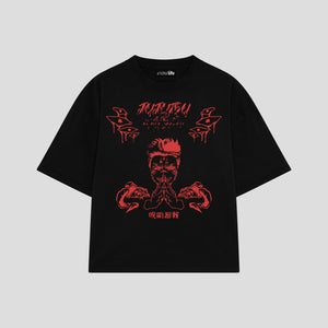 Playera streetwear premium de anime y gaming ExtraLife MX, corte boxy oversized drop shoulder heavyweight en color Deep Black y Off-White, moda urbana mexicana de culto.