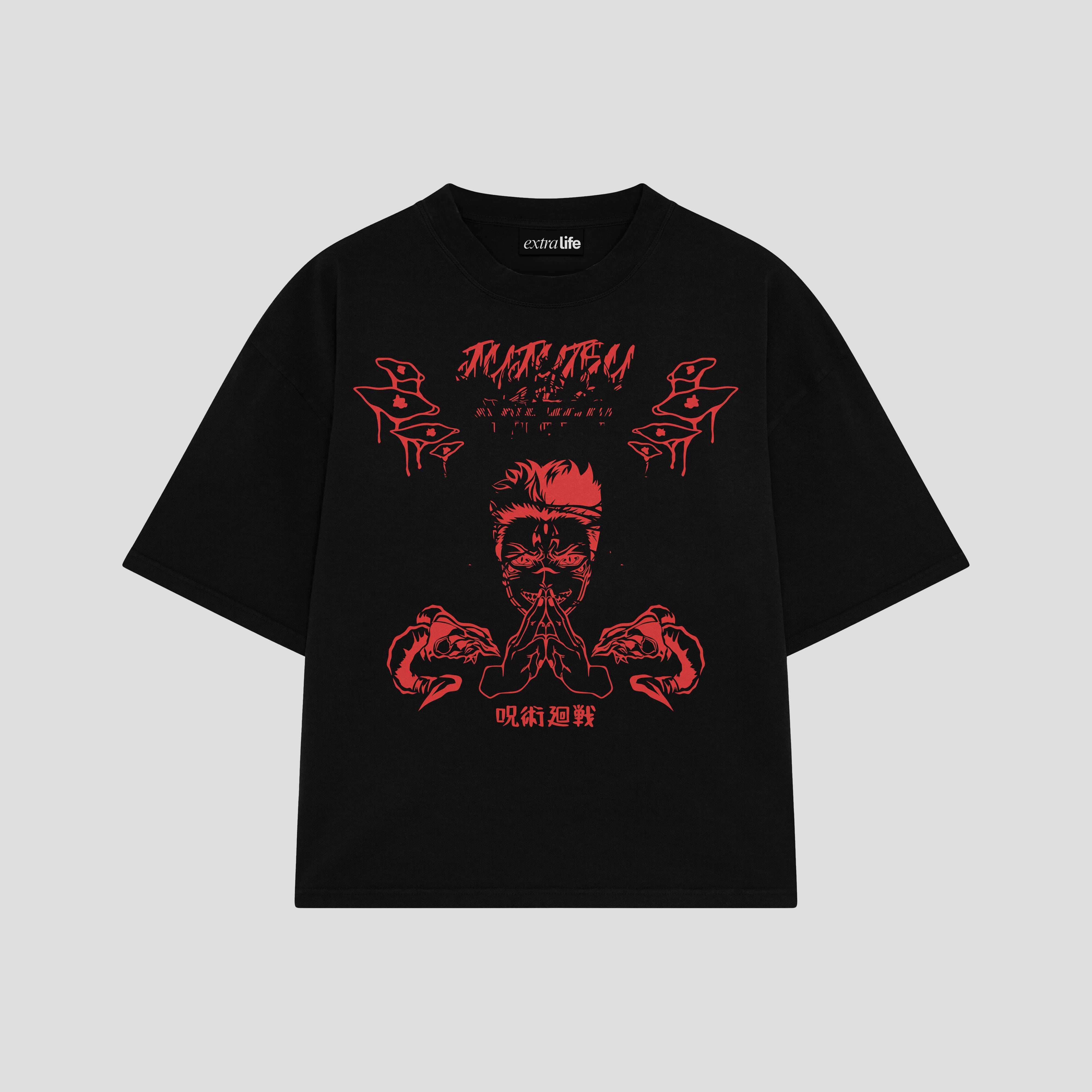 Playera streetwear premium de anime y gaming ExtraLife MX, corte boxy oversized drop shoulder heavyweight en color Deep Black y Off-White, moda urbana mexicana de culto.