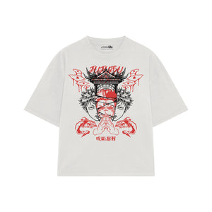 Playera streetwear premium de anime y gaming ExtraLife MX, corte boxy oversized drop shoulder heavyweight en color Deep Black y Off-White, moda urbana mexicana de culto.