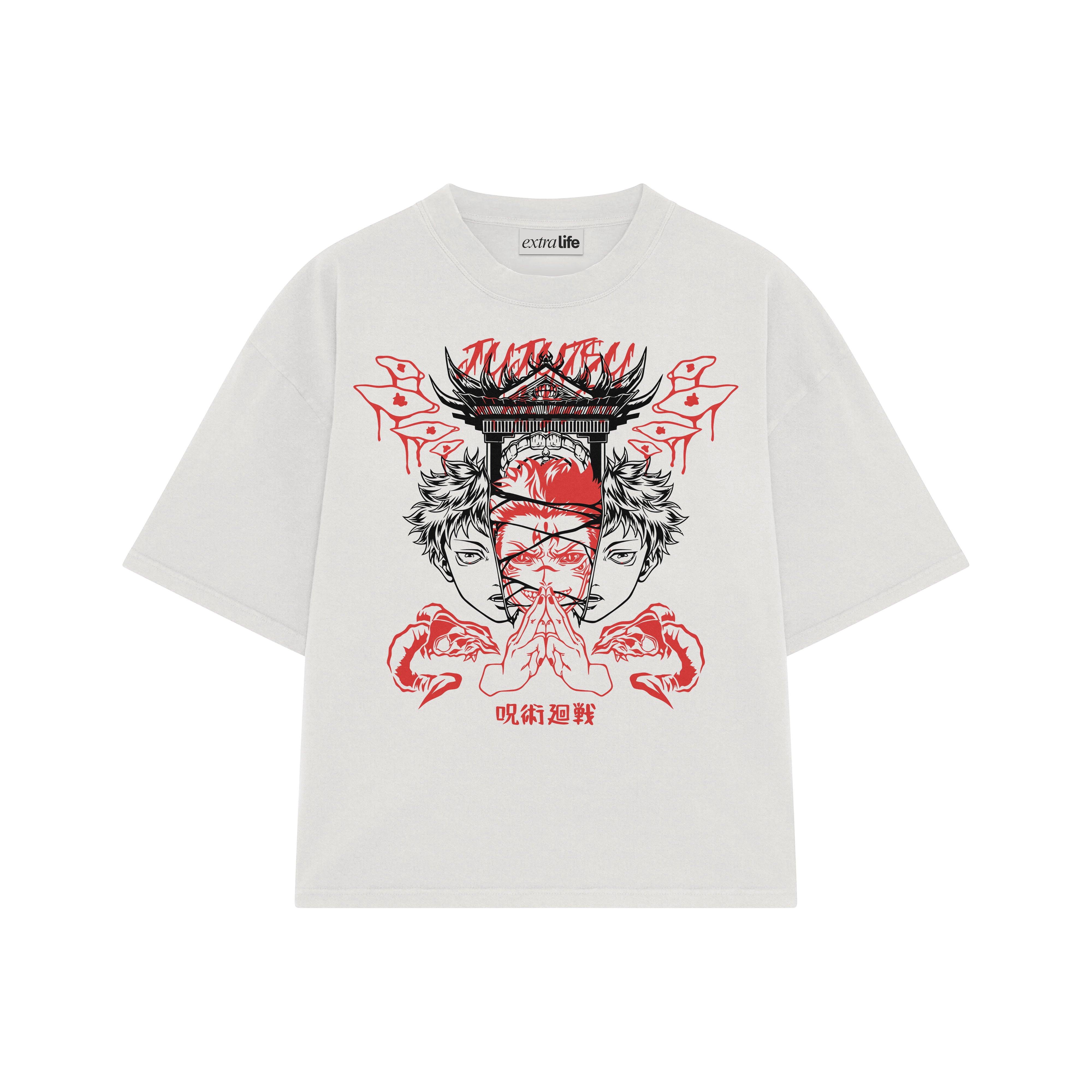 Playera streetwear premium de anime y gaming ExtraLife MX, corte boxy oversized drop shoulder heavyweight en color Deep Black y Off-White, moda urbana mexicana de culto.
