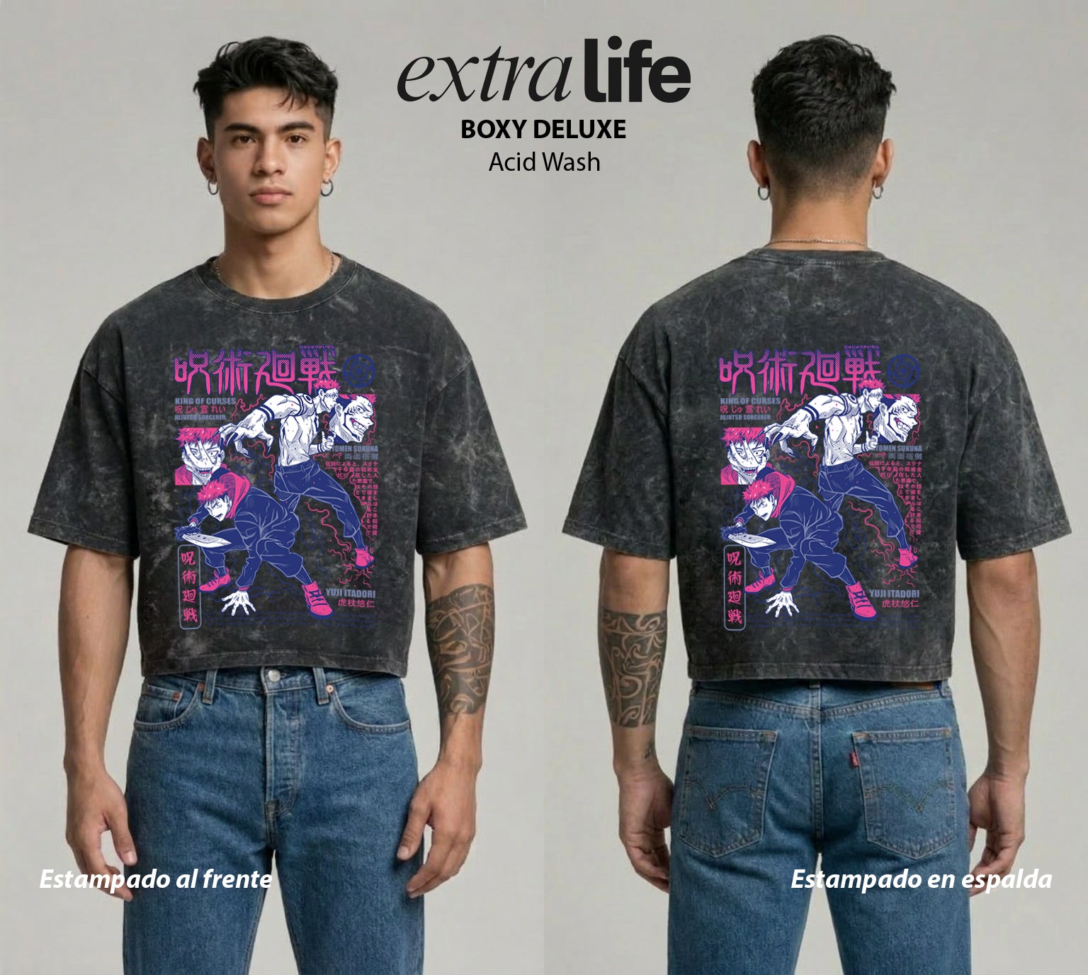 Playera streetwear premium de anime y gaming ExtraLife MX, corte boxy deluxe mineral wash heavyweight en color Acid Wash, moda urbana mexicana de culto.