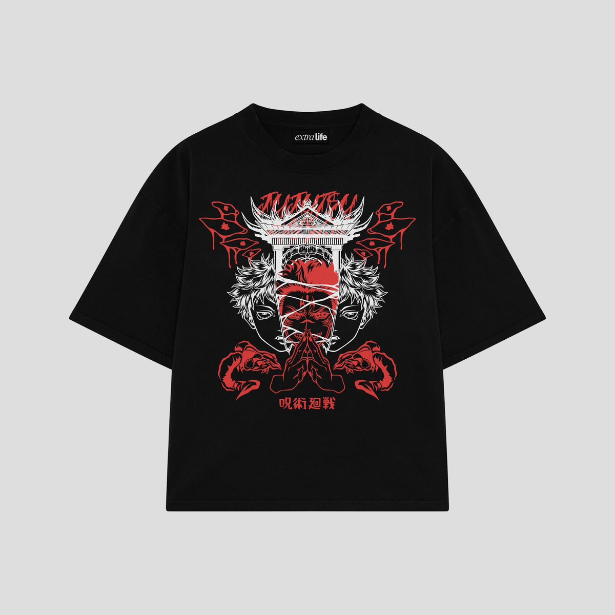 Playera streetwear premium de anime y gaming ExtraLife MX, corte oversized drop shoulder ligero y fresco en color Deep Black y Off-White, moda urbana mexicana de culto.