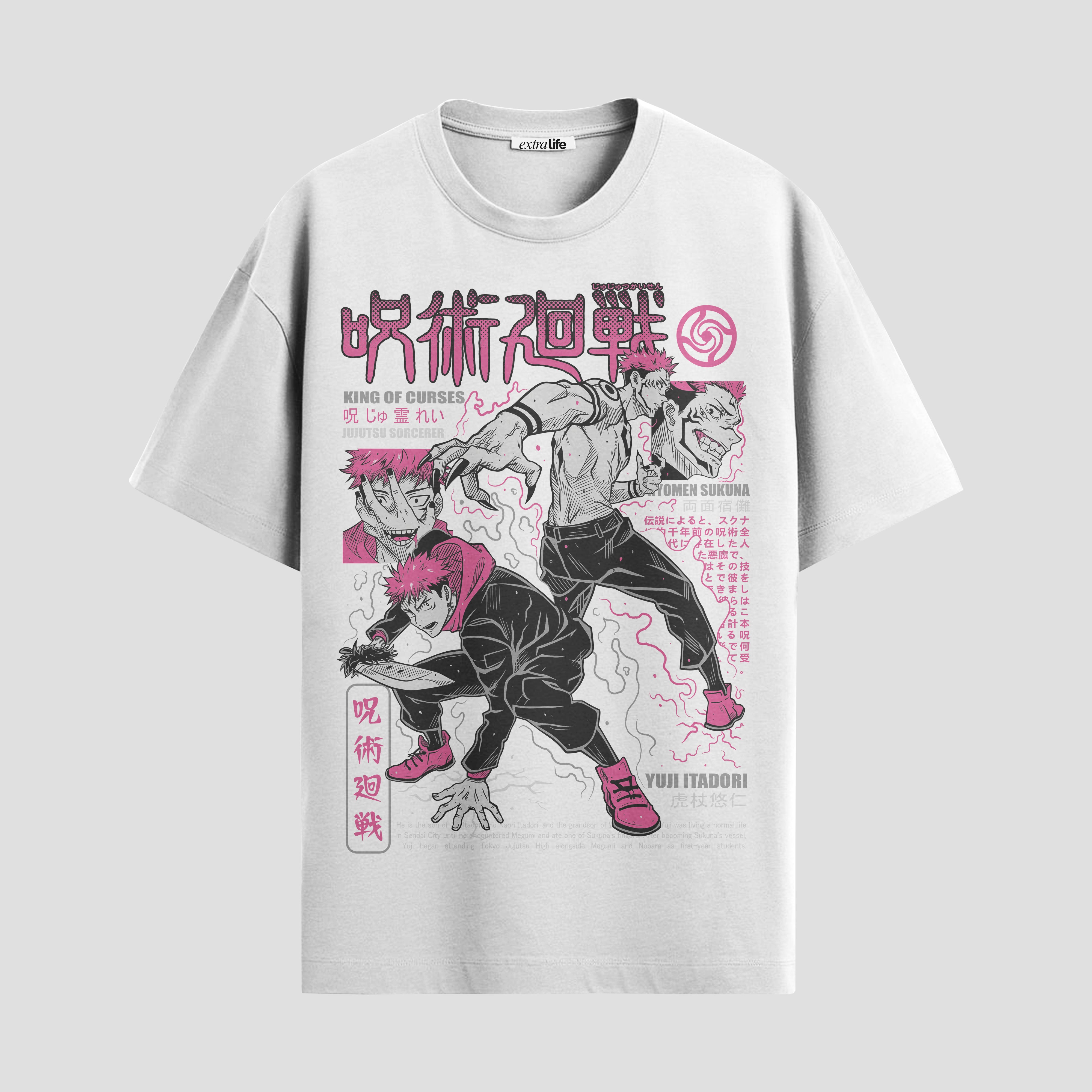 Playera urbana de anime y gaming ExtraLife MX, corte Standard Fit unisex ligero y transpirable en color Deep Black y Pure White, ropa de uso diario para gym y casual.