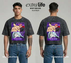 Playera streetwear premium de anime y gaming ExtraLife MX, corte boxy deluxe mineral wash heavyweight en color Acid Wash, moda urbana mexicana de culto.