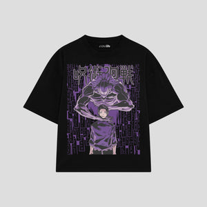 Playera streetwear premium de anime y gaming ExtraLife MX, corte boxy oversized drop shoulder heavyweight en color Deep Black y Off-White, moda urbana mexicana de culto.