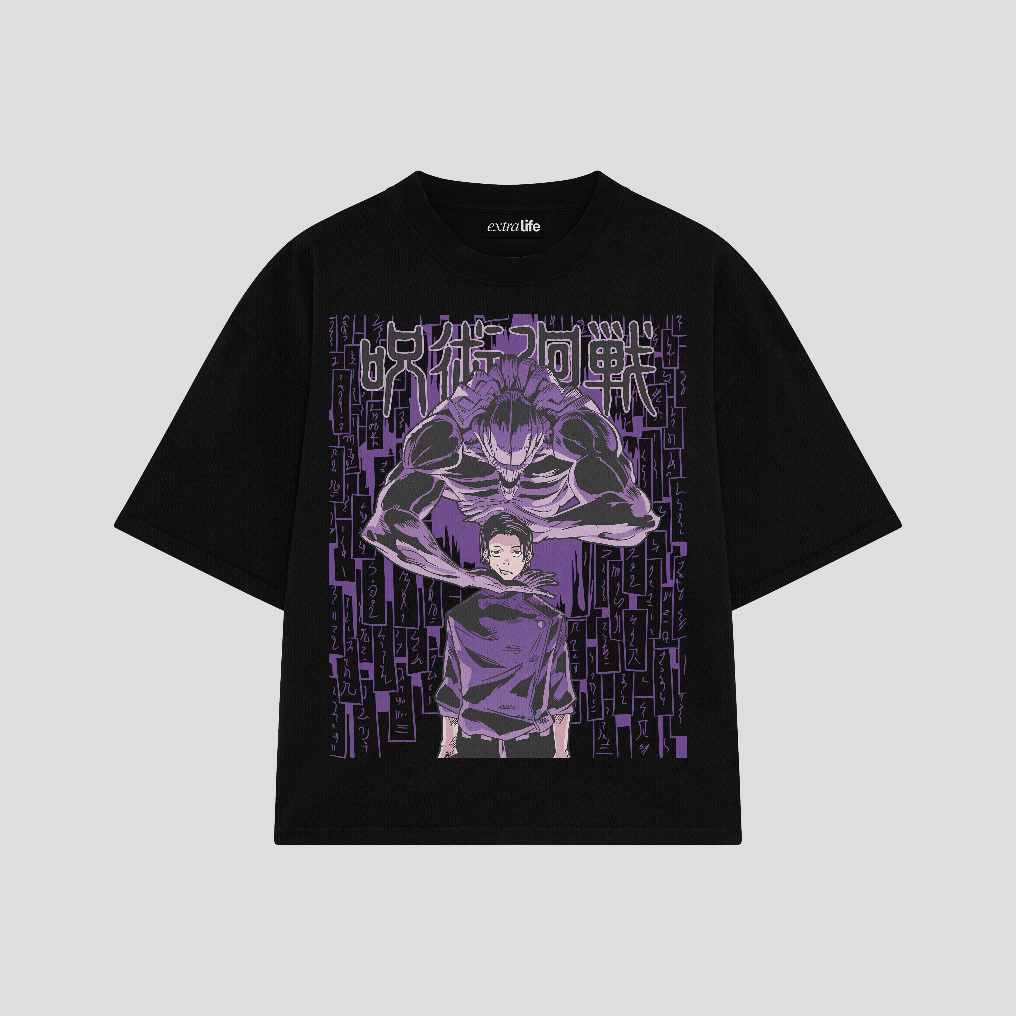 Playera streetwear premium de anime y gaming ExtraLife MX, corte boxy oversized drop shoulder heavyweight en color Deep Black y Off-White, moda urbana mexicana de culto.