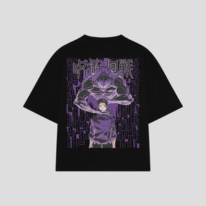 Playera streetwear premium de anime y gaming ExtraLife MX, corte boxy oversized drop shoulder heavyweight en color Deep Black y Off-White, moda urbana mexicana de culto.
