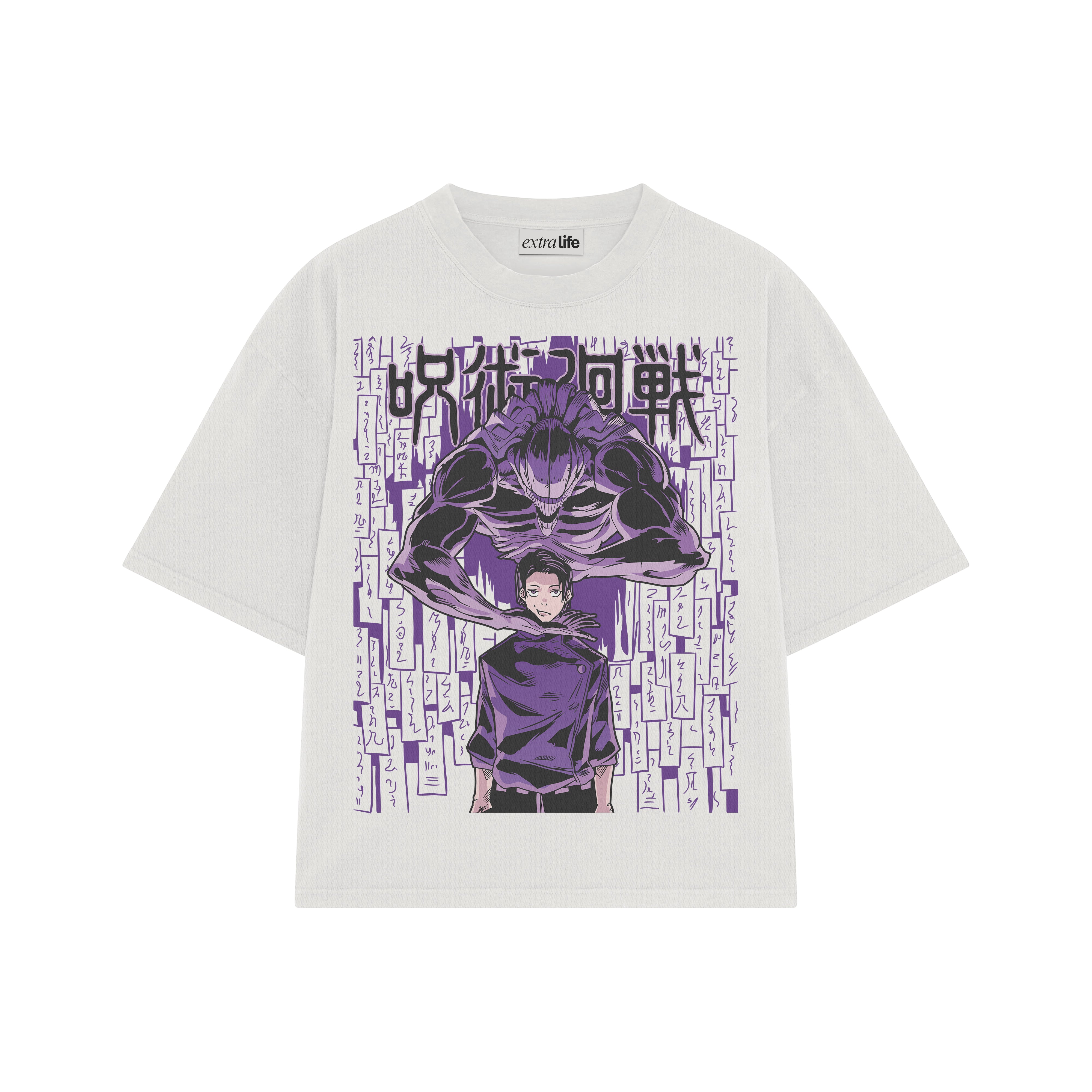 Playera streetwear premium de anime y gaming ExtraLife MX, corte boxy oversized drop shoulder heavyweight en color Deep Black y Off-White, moda urbana mexicana de culto.