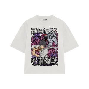 Playera streetwear premium de anime y gaming ExtraLife MX, corte boxy oversized drop shoulder heavyweight en color Deep Black y Off-White, moda urbana mexicana de culto.