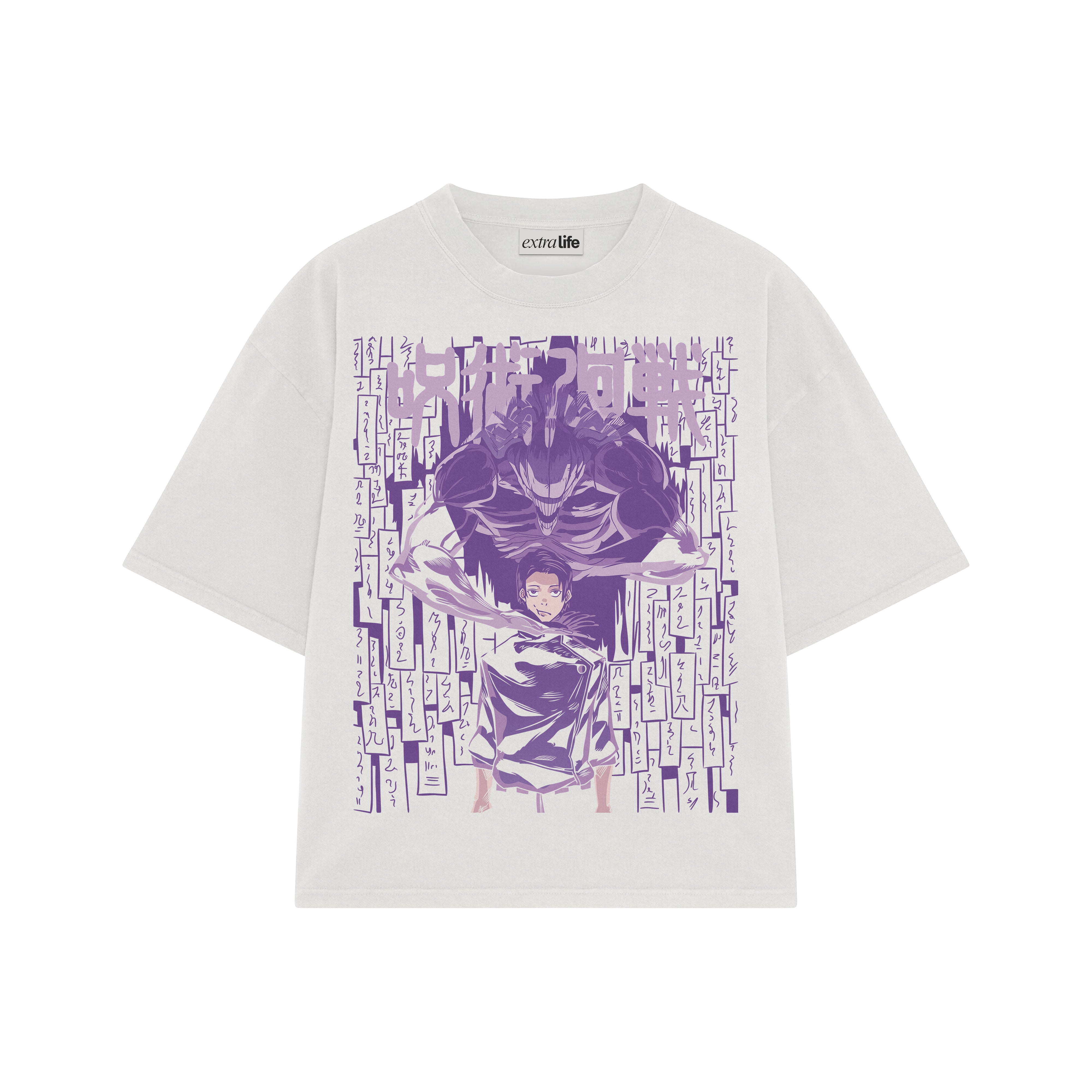 Playera streetwear premium de anime y gaming ExtraLife MX, corte boxy oversized drop shoulder heavyweight en color Deep Black y Off-White, moda urbana mexicana de culto.