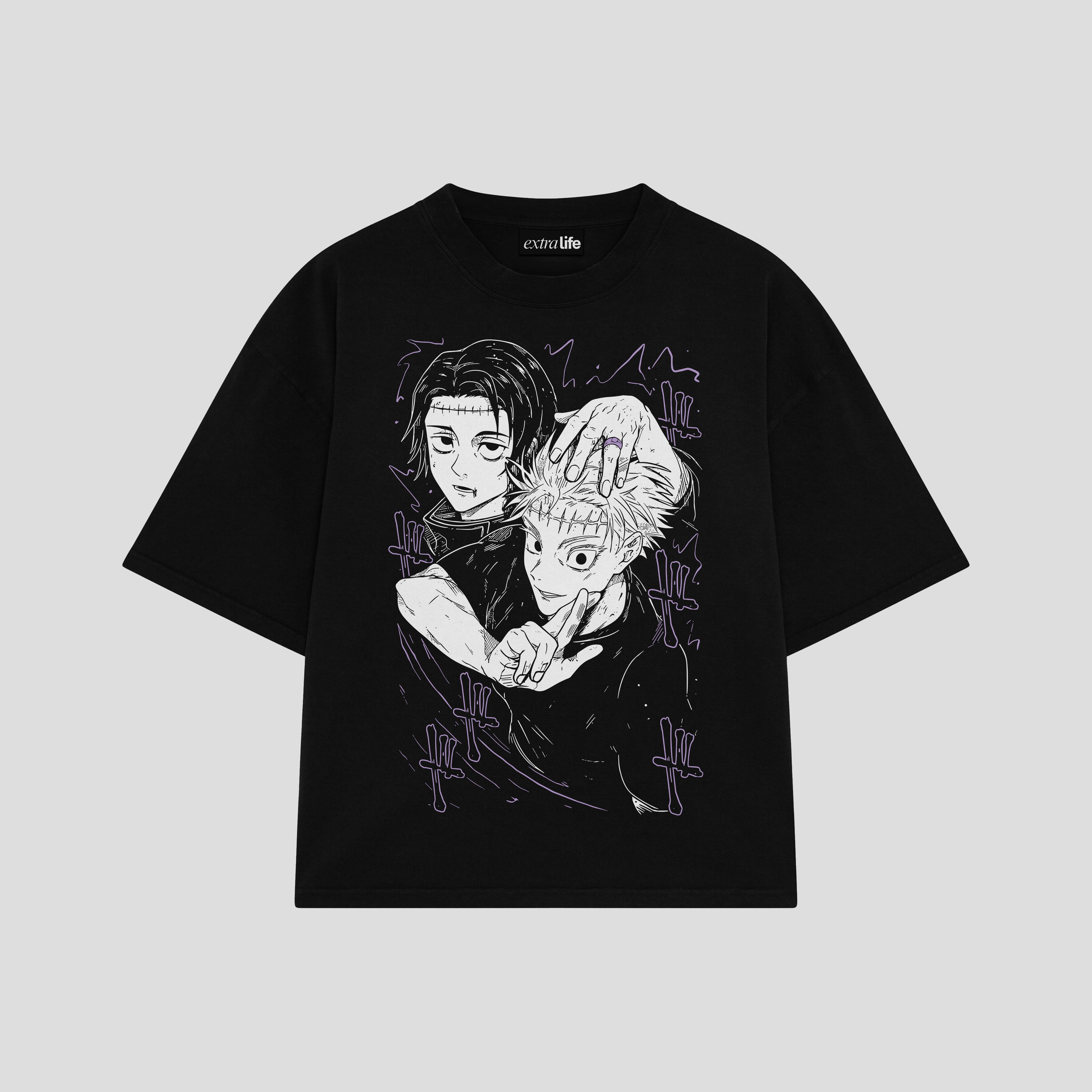 Playera streetwear premium de anime y gaming ExtraLife MX, corte boxy oversized drop shoulder heavyweight en color Deep Black y Off-White, moda urbana mexicana de culto.
