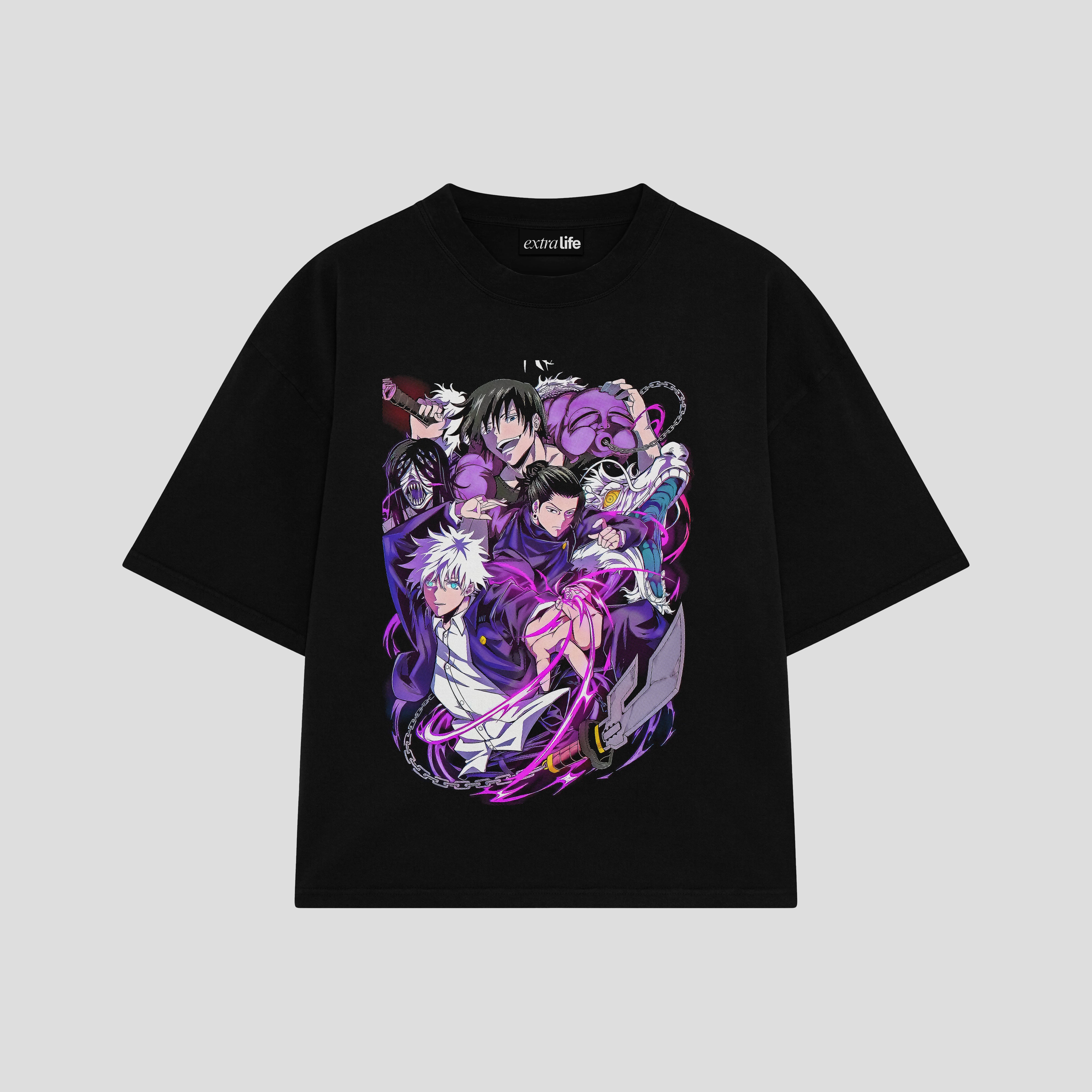 Playera streetwear premium de anime y gaming ExtraLife MX, corte boxy oversized drop shoulder heavyweight en color Deep Black y Off-White, moda urbana mexicana de culto.